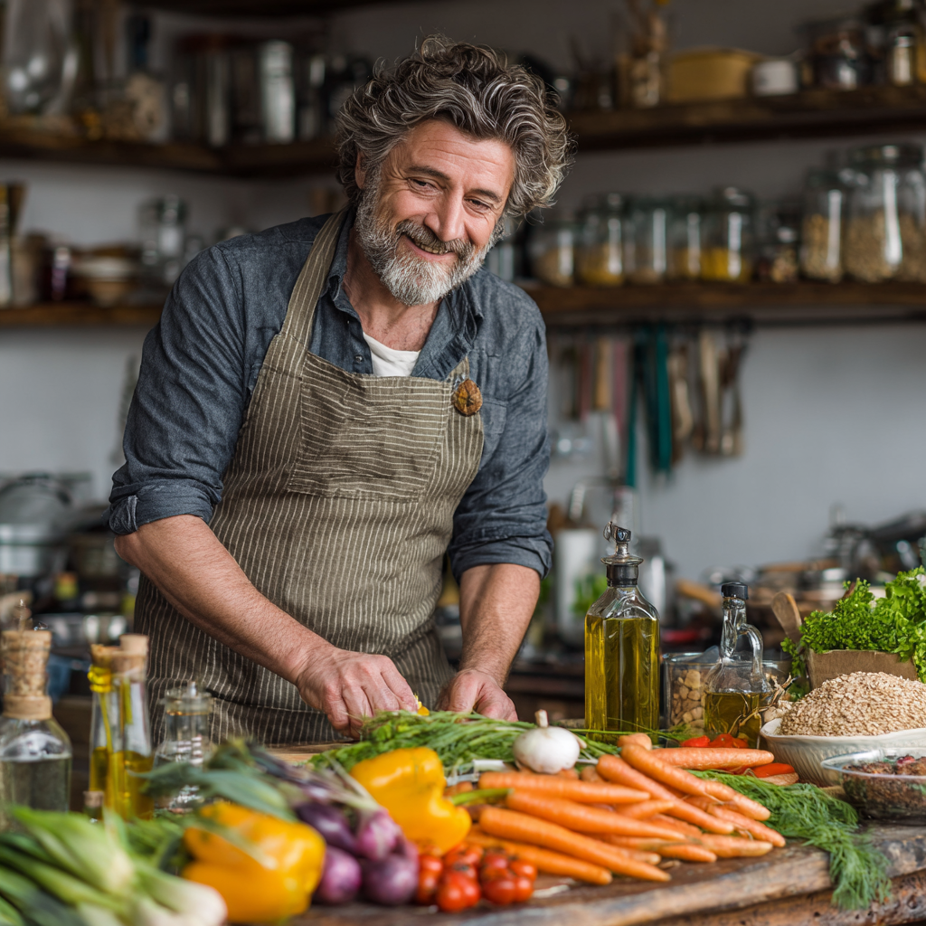 Bărbat de 58 de ani în bucătărie, preparând o masă sănătoasă cu legume colorate, cereale integrale și ulei de măsline, zâmbind satisfăcut și demonstrând vitalizarea prin alimentația corectă