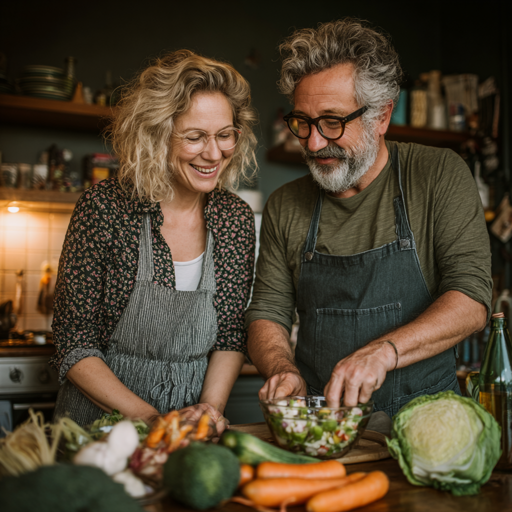 Cuplu de adulți de aproximativ 55 de ani în bucătărie, pregătind împreună o salată colorată cu legume proaspete, ambii zâmbind și demonstrând bucuria de a mânca sănătos